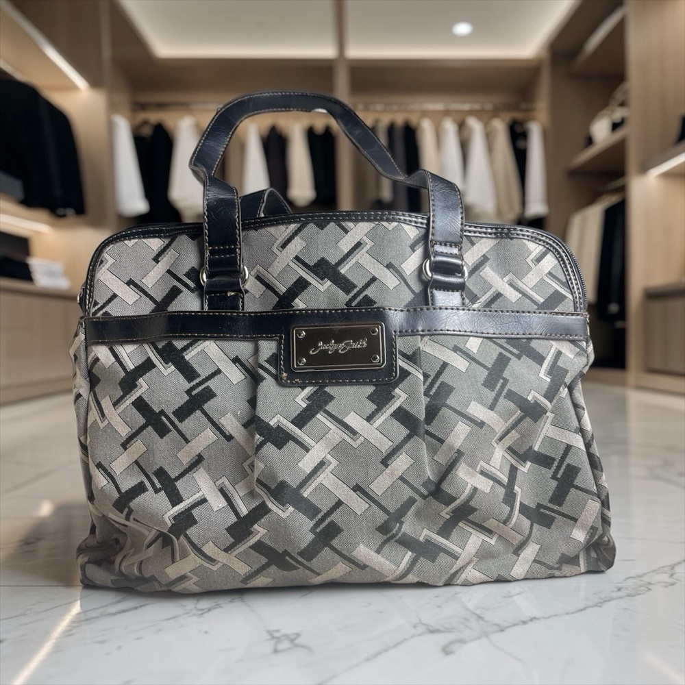 Vintage Jacqueline Smith Gray Patterned Travel Tote with Black Trim